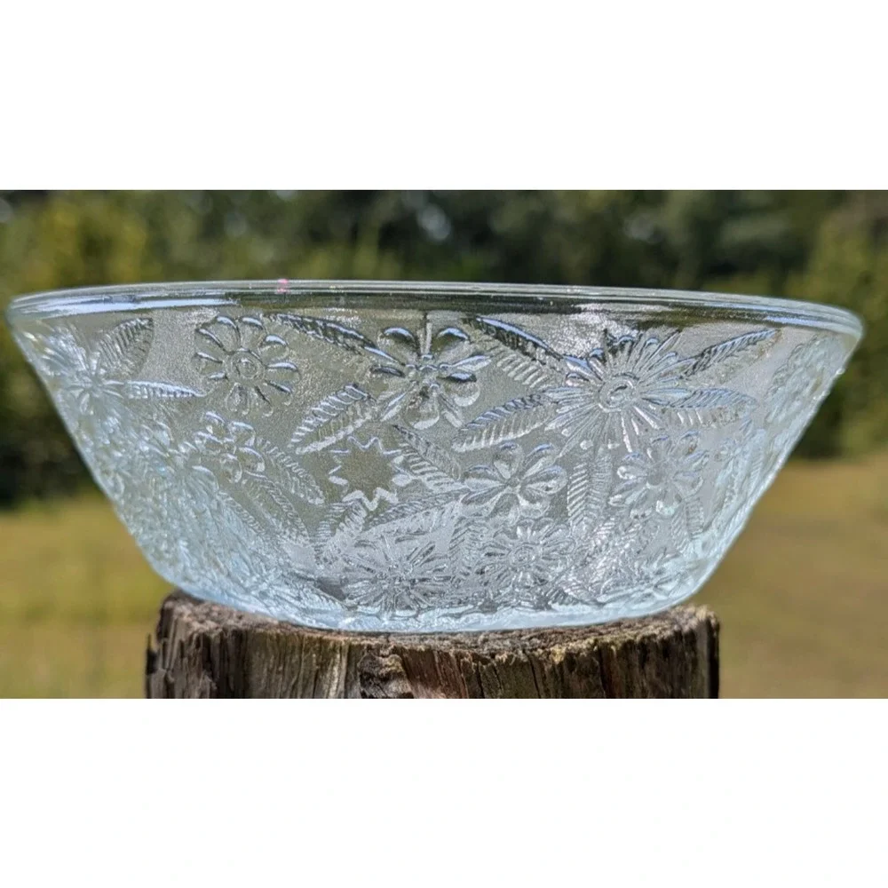 Indiana Glass Pineapple & Floral Clear Salad Bowls Set of 2 Vintage 5 Sided Bowl